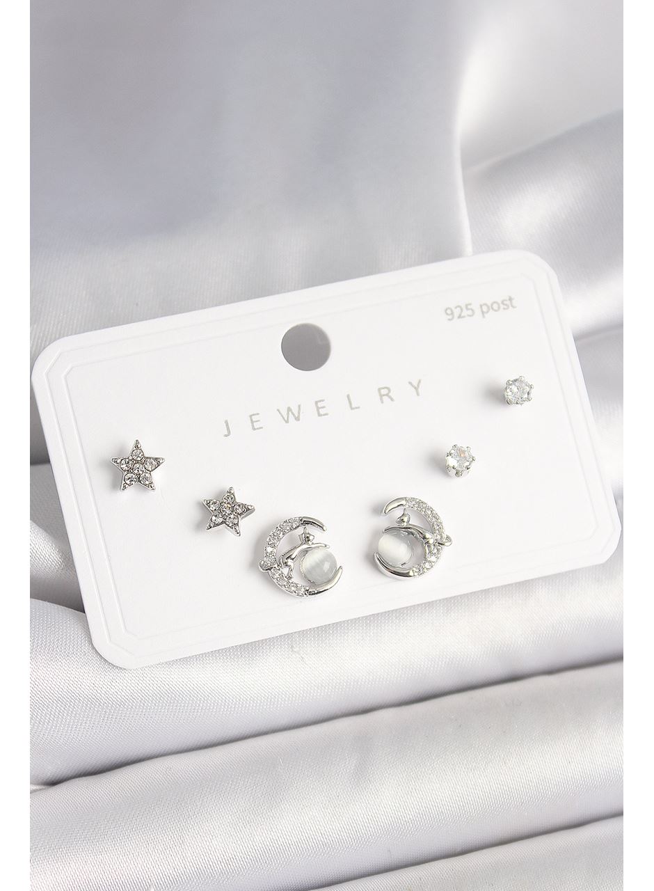 925 Ayar Gümüş Çivi Zirkon Taşlı Hilal Yıldız Model Kadın Küpe Seti
