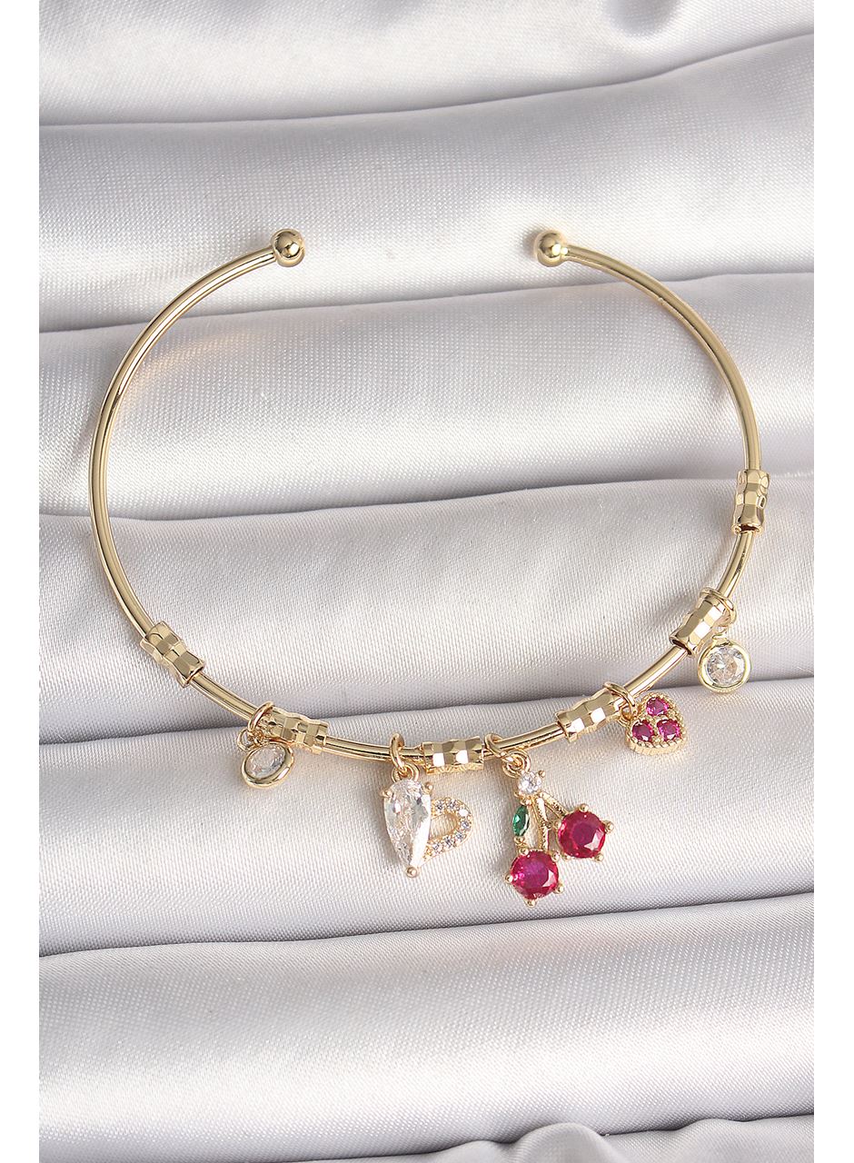 Pirinç Gold Renk Sallantı Kırmızı Zirkon Taşlı Kiraz Figür Charm Kadın Bileklik