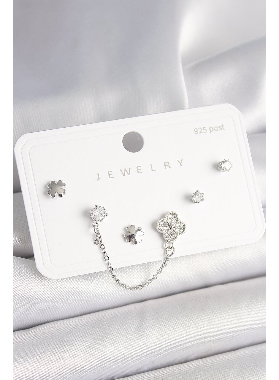 925 Ayar Gümüş Çivi Pirinç Gümüş Renk Zirkon Taşlı Yonca Model Sallantı Zincir Detay Kadın Küpe Seti