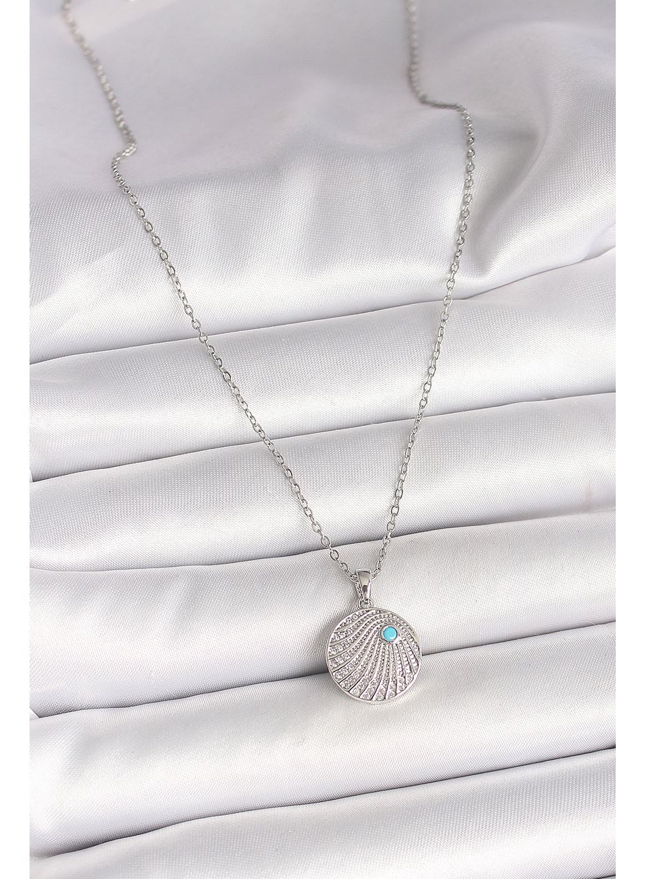 316L Çelik Gümüş Renk Zincir Zirkon Taşlı Mavi Taş Detaylı Madalyon Model Kadın Kolye