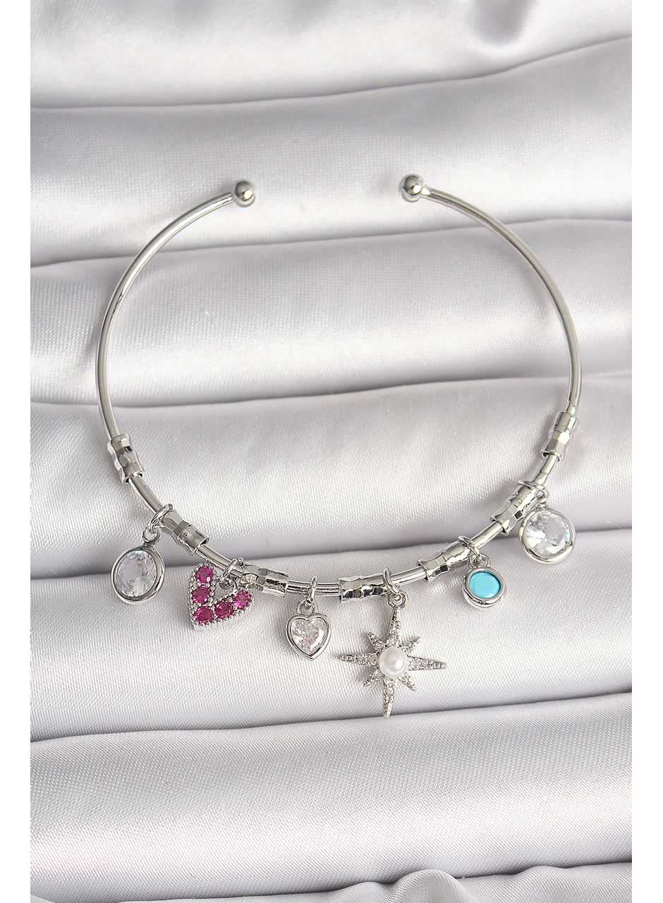 Pirinç Gümüş Renk Sallantı Zirkon Taşlı Kutup Yıldız Figür Kalp Detay Charm Kadın Bileklik