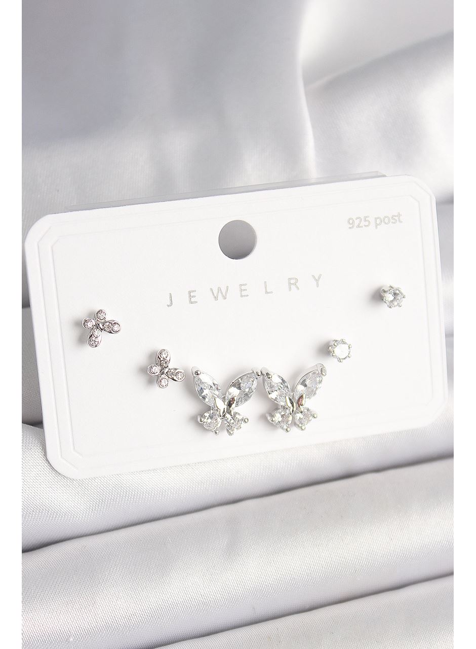 925 Ayar Gümüş Çivi Pirinç Zirkon Taşlı Kelebek Model Kadın Küpe Seti