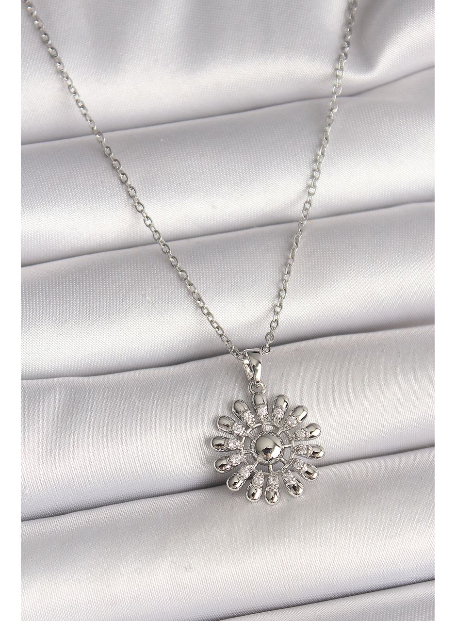 316L Çelik Gümüş Renk Zincir Zirkon Taşlı Güneş Model Kadın Kolye