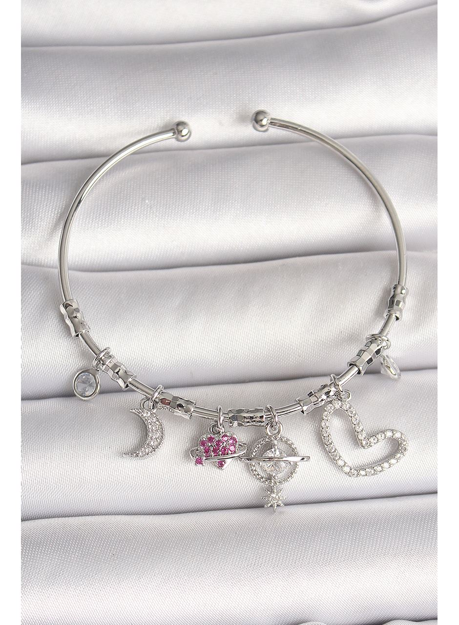 Pirinç Gümüş Renk Sallantı Zirkon Taşlı Gezegen Figür Kalp Detay Charm Kadın Bileklik