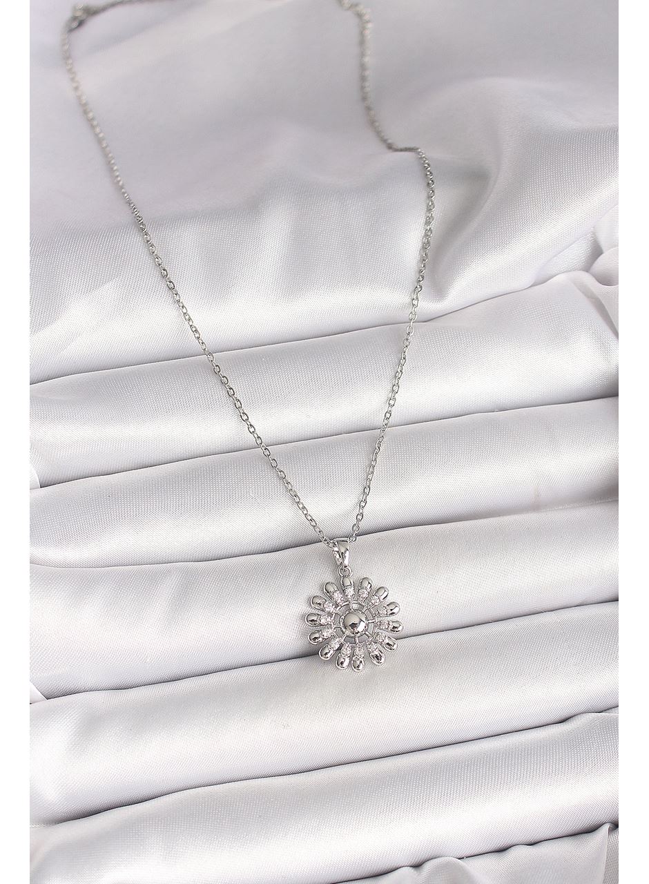 316L Çelik Gümüş Renk Zincir Zirkon Taşlı Güneş Model Kadın Kolye