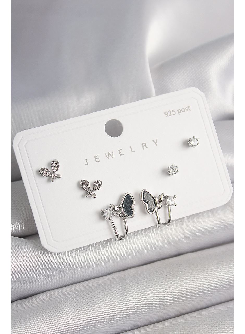 925 Ayar Gümüş Çivi Pirinç Gümüş Renk Zirkon Taşlı Kelebek Model Kadın Küpe Seti