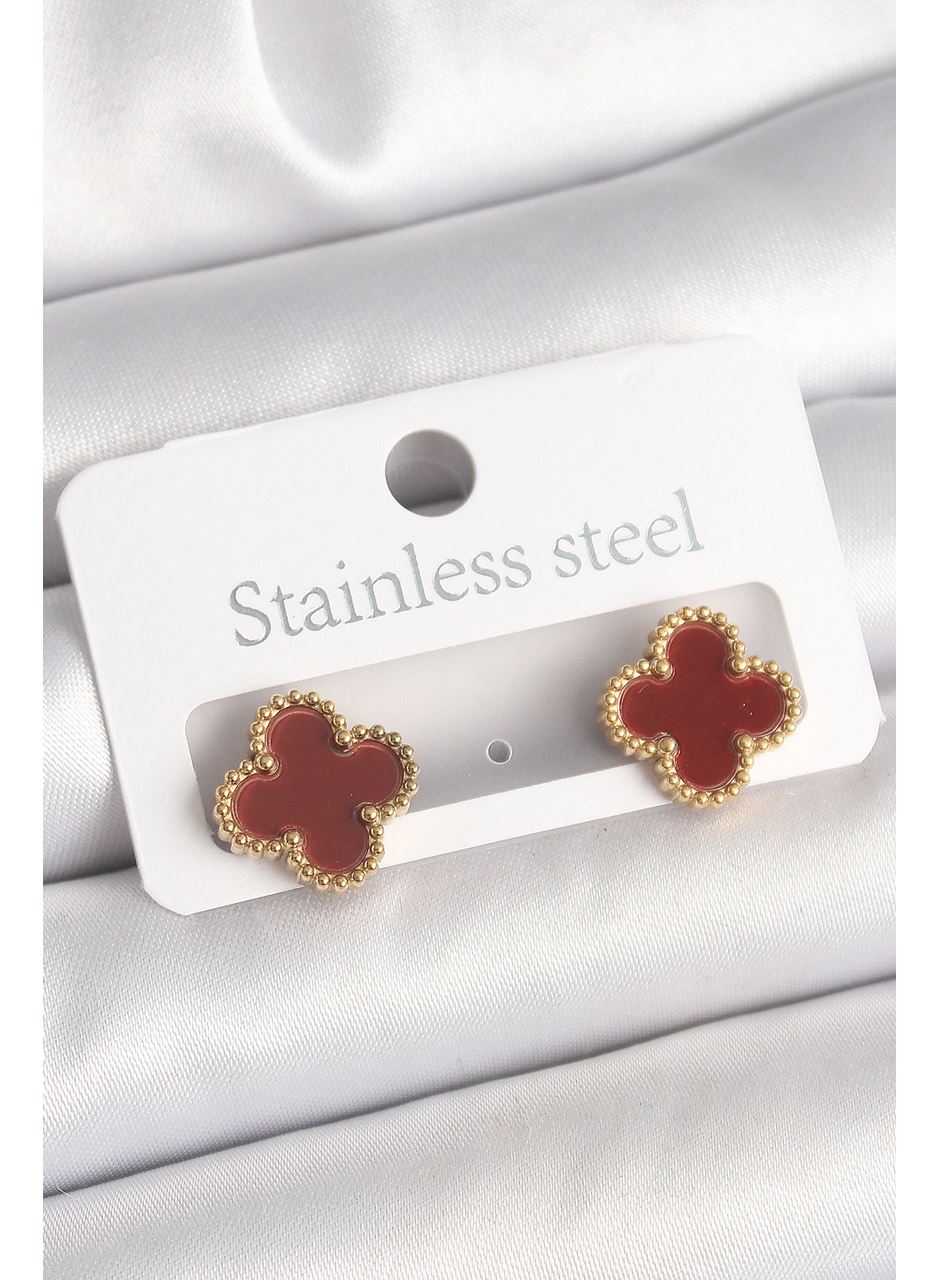 Pirinç Gold Renk Bordo Yonca Model Kadın Küpe