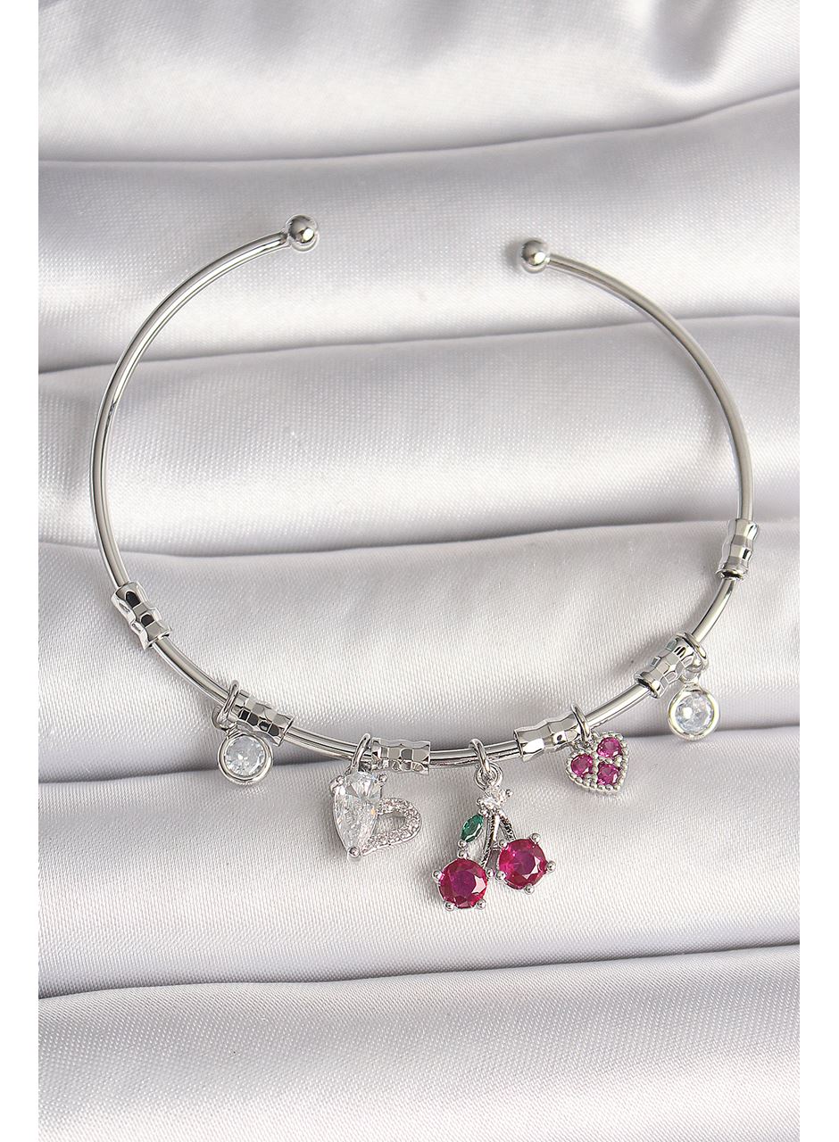 Pirinç Gümüş Renk Sallantı Kiraz Figür Kalp Detay Charm Kadın Bileklik