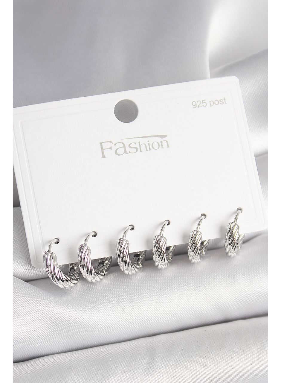 925 Ayar Gümüş Çivi Pirinç Gümüş Renk İşlemeli Halka Model Kadın Küpe Seti