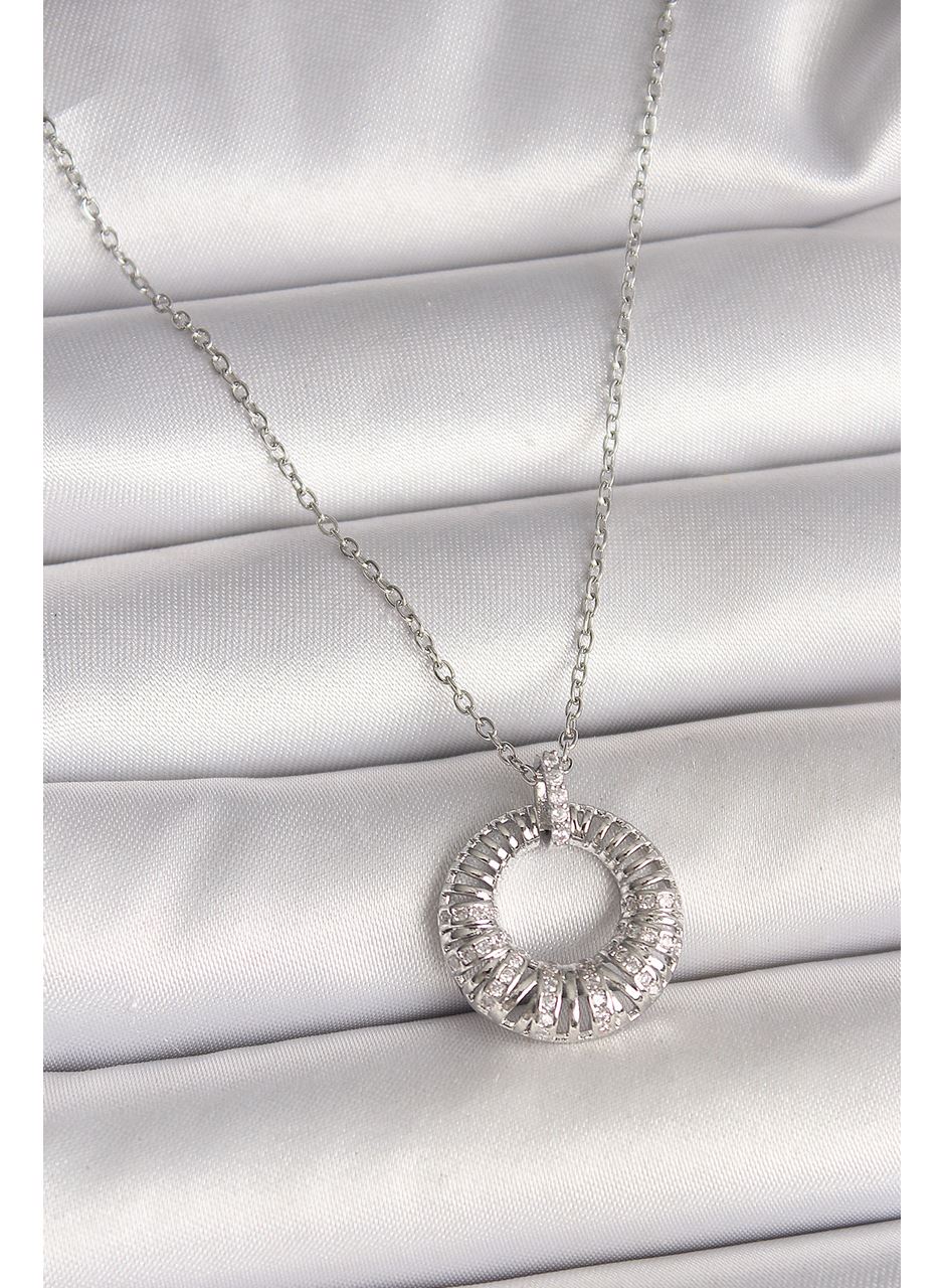 316L Çelik Gümüş Renk Zincir Zirkon Taş İşlemeli Daire Model Kadın Kolye