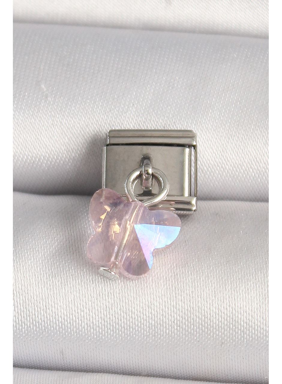316L Çelik Gümüş Renk Pembe Zirkon Taşlı Kelebek Model Nomination Charm