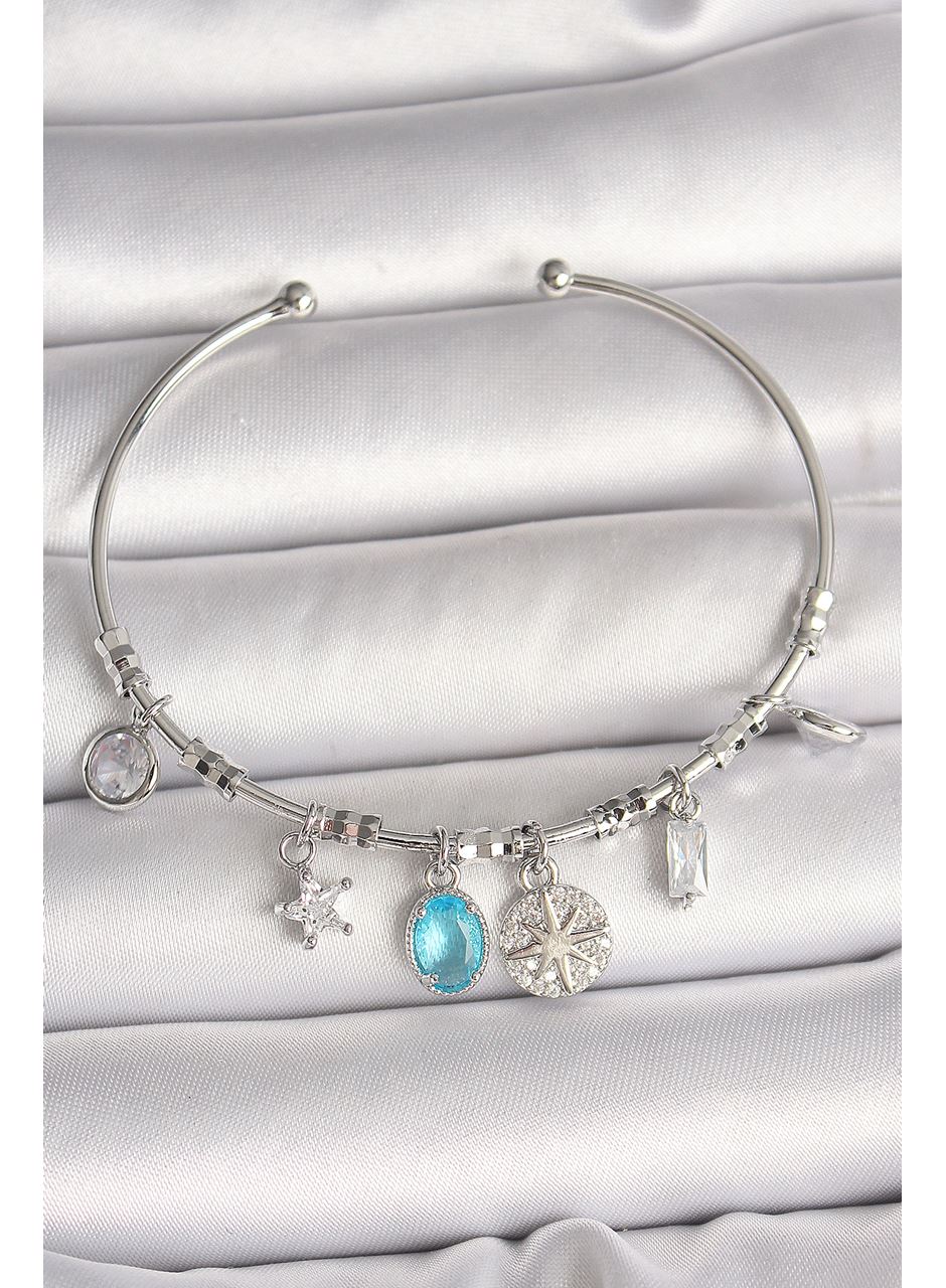 Pirinç Gümüş Renk Sallantı Pusula Figür Kalp Detay Charm Kadın Bileklik