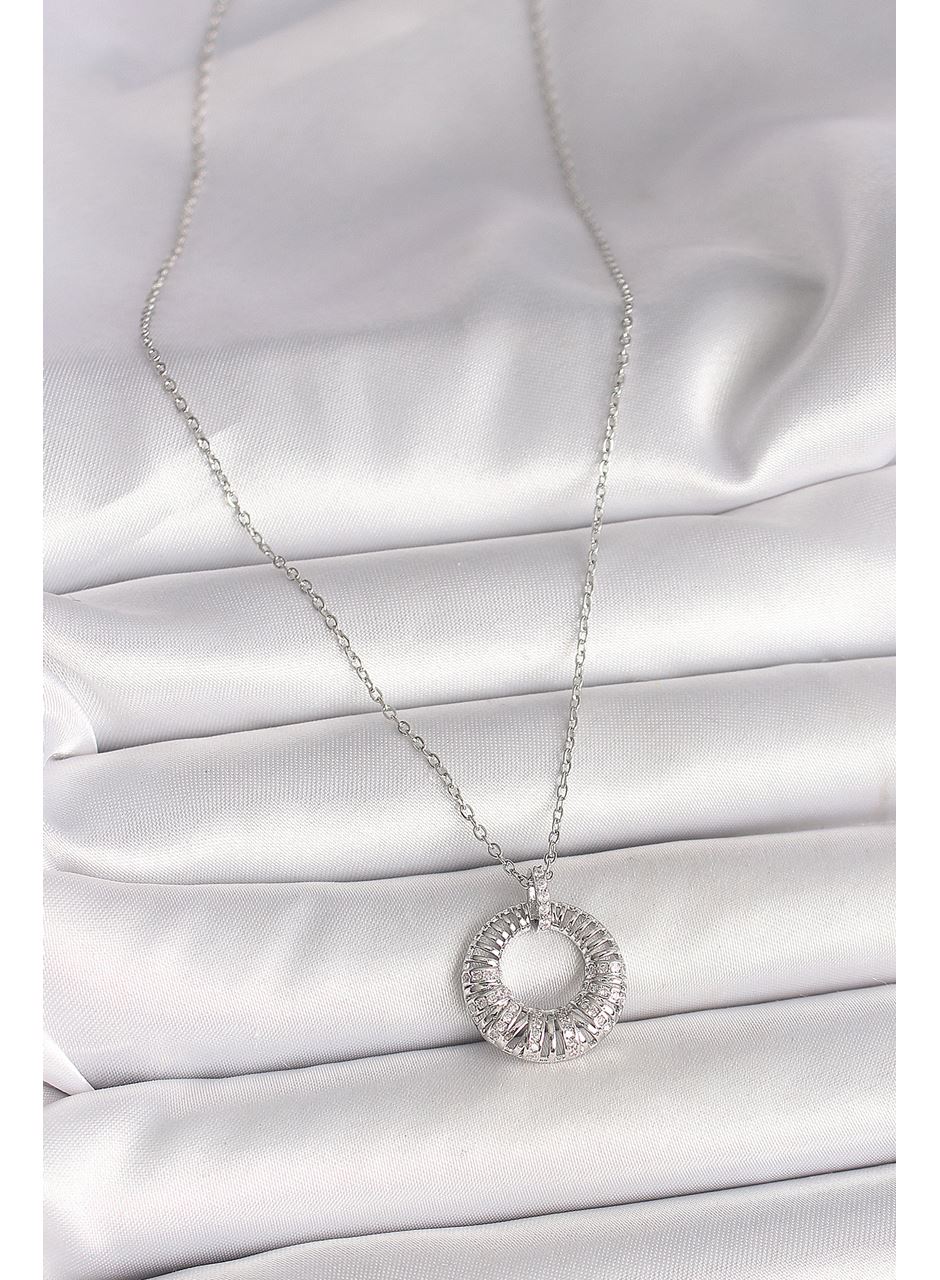 316L Çelik Gümüş Renk Zincir Zirkon Taş İşlemeli Daire Model Kadın Kolye