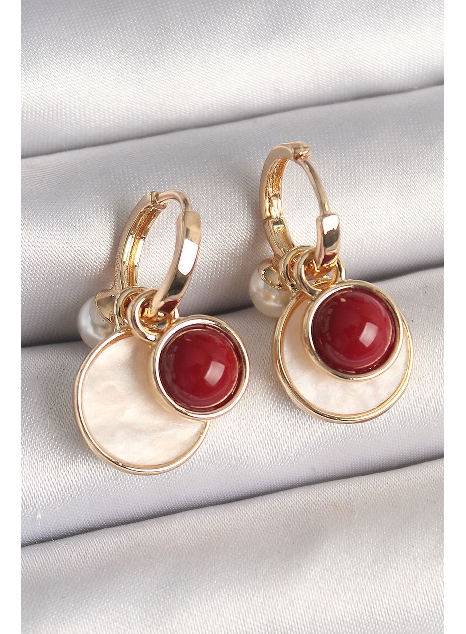 Pirinç Gold Renk Sallantı Beyaz Mineli Bordo Detay Kadın Küpe