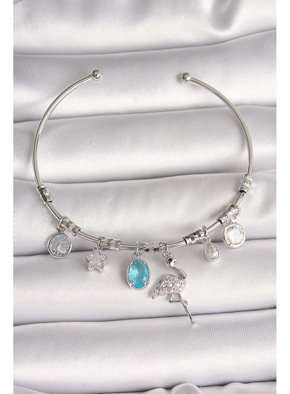 Pirinç Gümüş Renk Sallantı Zirkon Taşlı Filaminga Figür Charm Kadın Bileklik