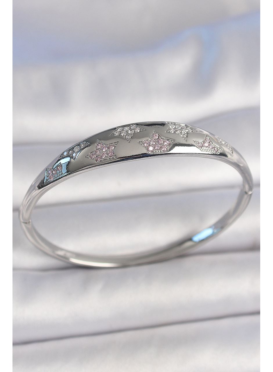 Pirinç Gümüş Renk Zirkon Taşlı Yıldız İşlemeli Kadın Kelepçe