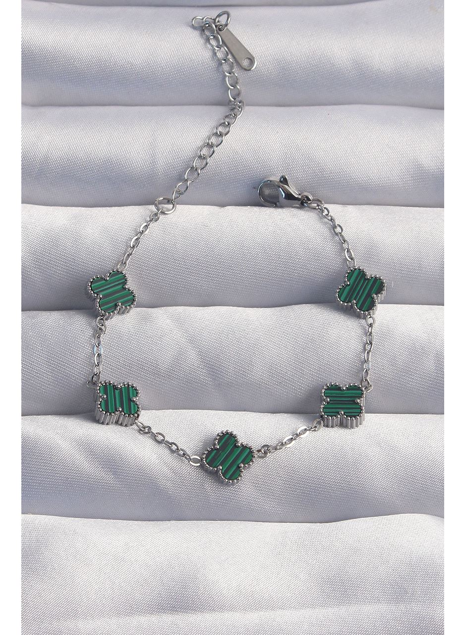 316L Çelik Baby Boy Gümüş Renk Çizgili Yeşil Mineli Yonca Bileklik