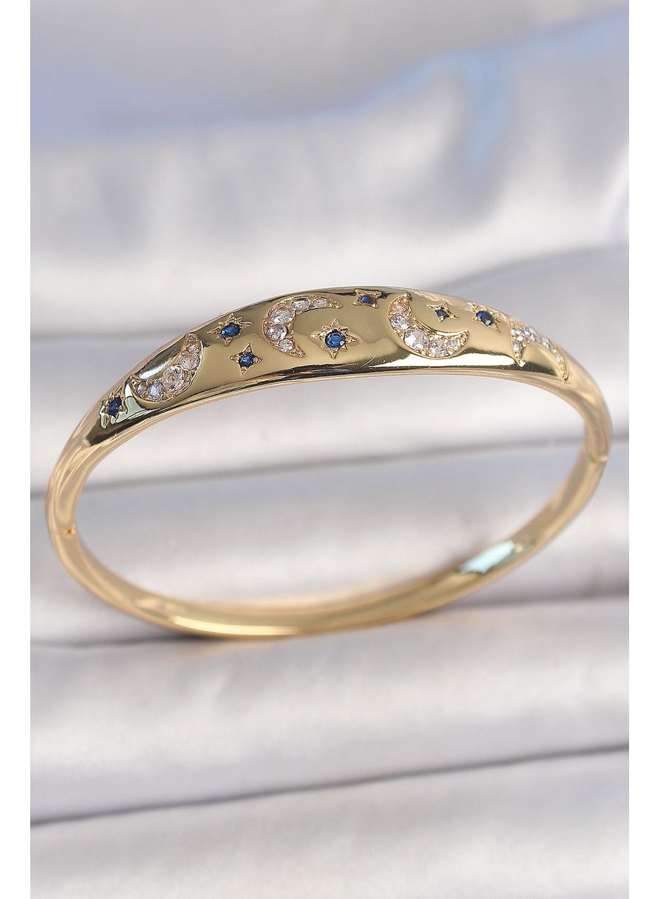 Pirinç Gold Renk Zirkon Taşlı Hilal İşleme Mavi Taşlı Yıldız Detay Kadın Kelepçe