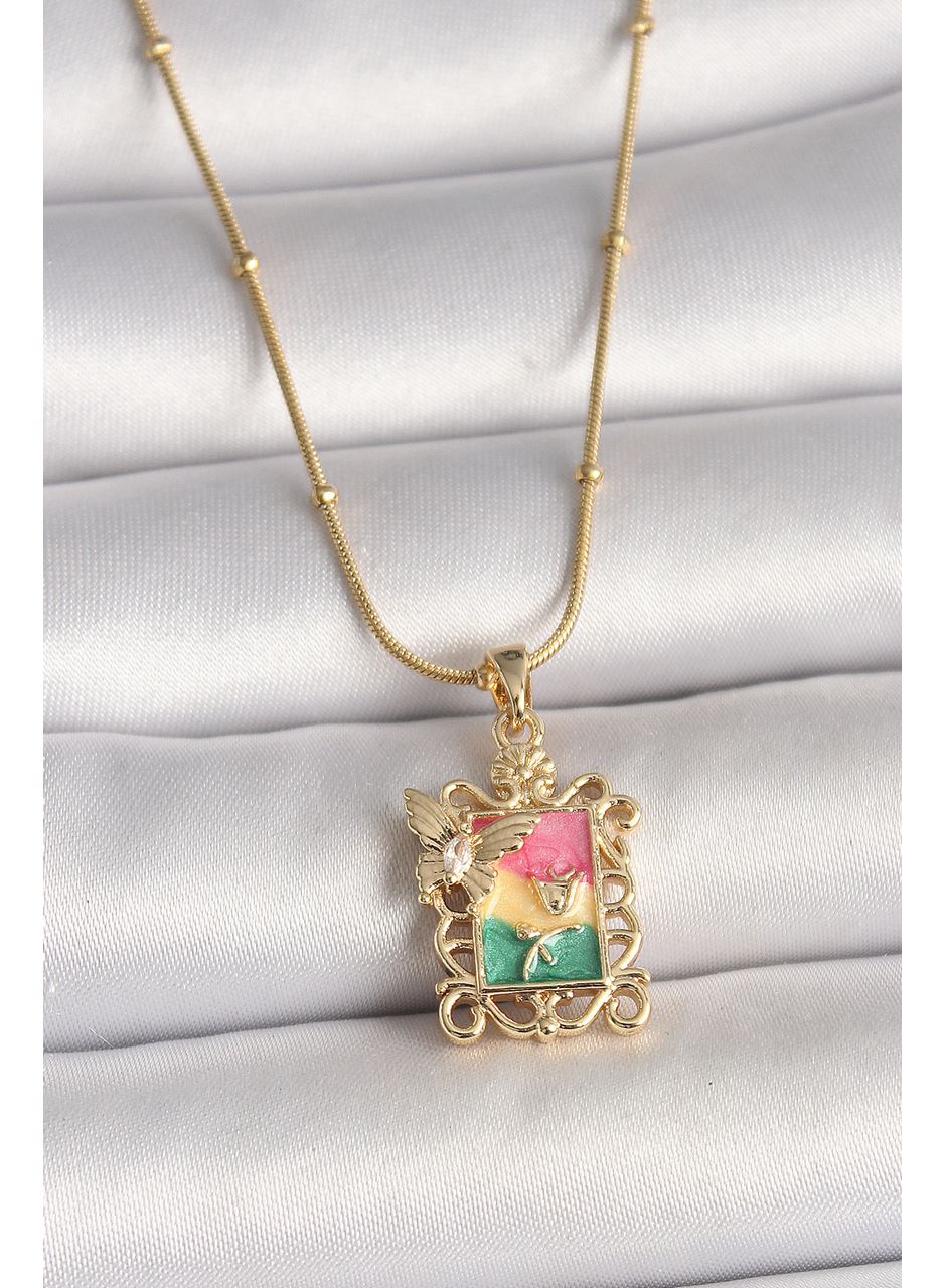 316L Çelik Gold Renk Renkli Zirkon Taşlı Kelebek İşlemeli Portre Model Kadın Kolye