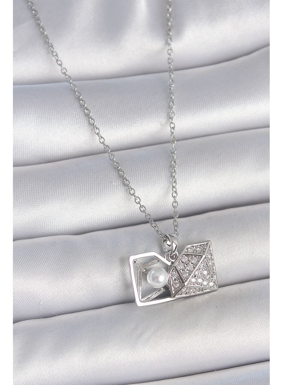 316L Çelik Gümüş Renk Zincir Zirkon Taşlı İncili Açılır Elmas Model Kadın Kolye