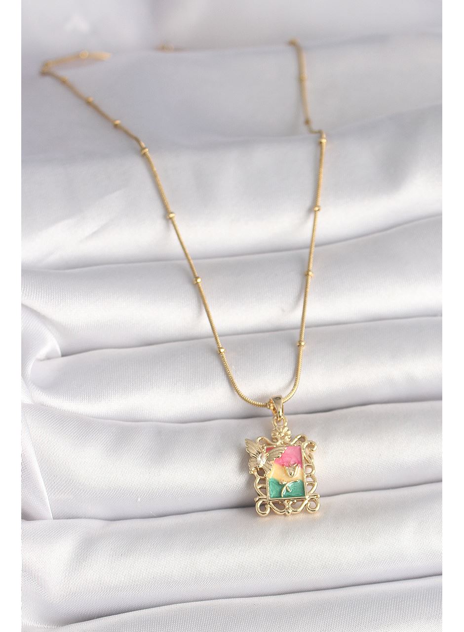 316L Çelik Gold Renk Renkli Zirkon Taşlı Kelebek İşlemeli Portre Model Kadın Kolye