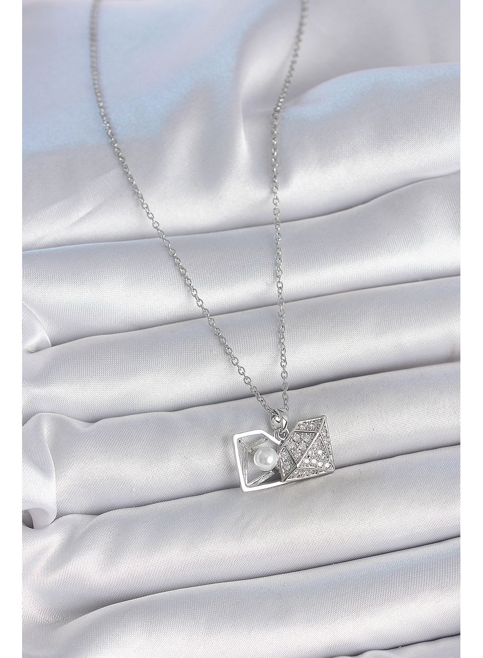 316L Çelik Gümüş Renk Zincir Zirkon Taşlı İncili Açılır Elmas Model Kadın Kolye