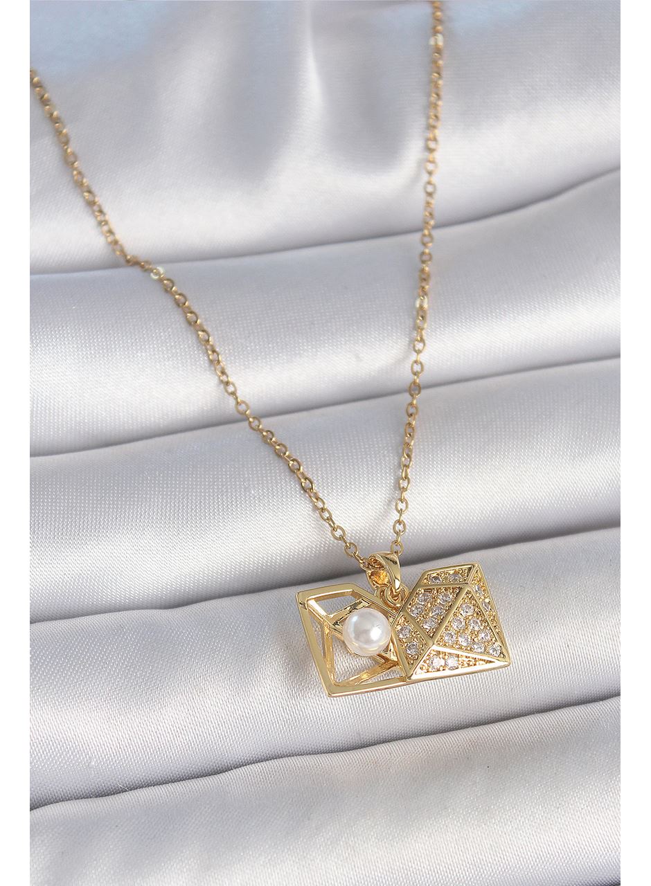 316L Çelik Gold Renk Zincir Zirkon Taşlı Açılır İncili Elmas Model Kadın Kolye