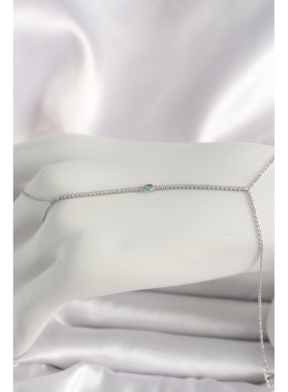 Pirinç Gümüş Renk Su Yolu Zirkon Taşlı Mavi Taş Detaylı Kadın Şahmeran