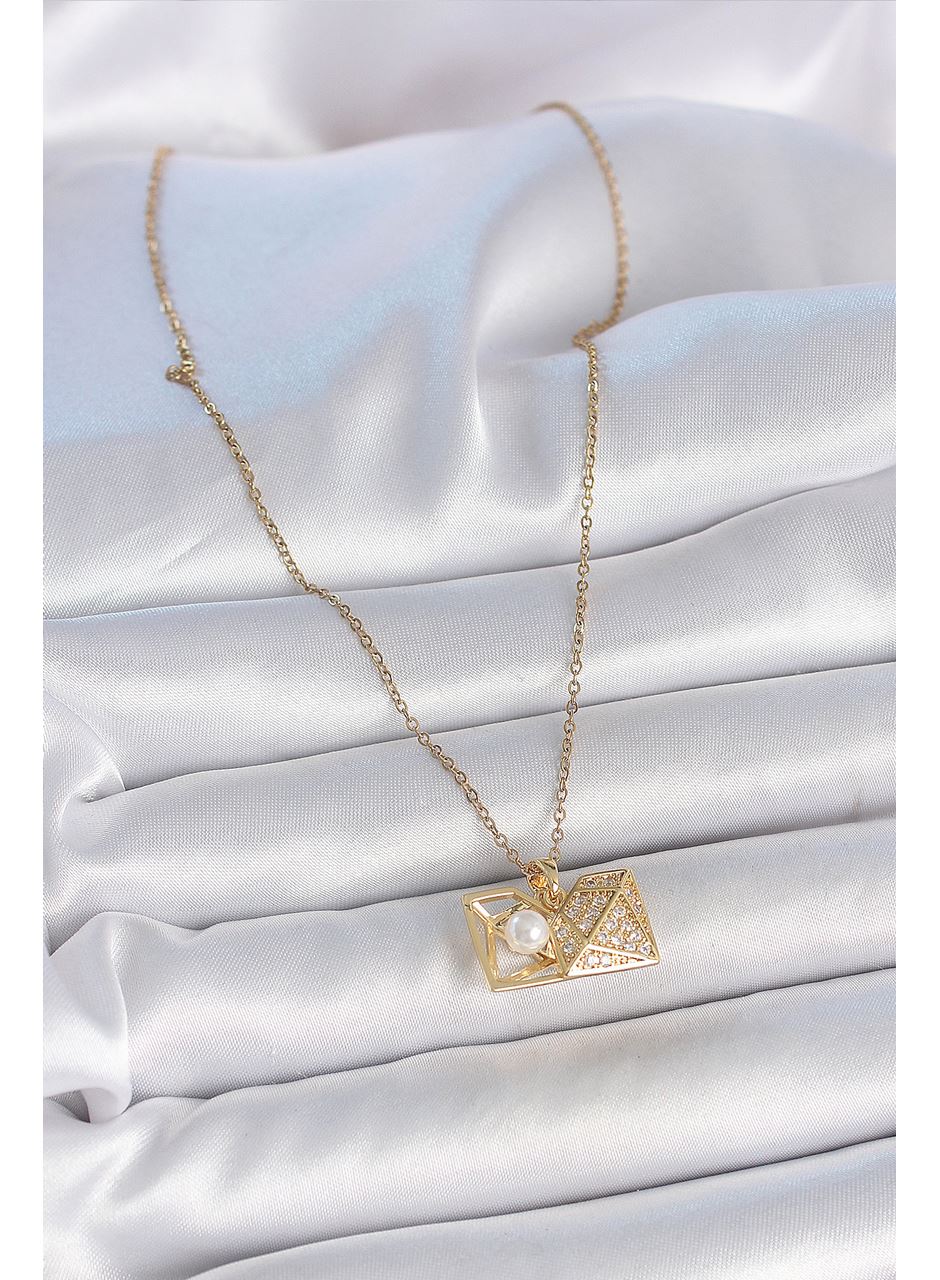 316L Çelik Gold Renk Zincir Zirkon Taşlı Açılır İncili Elmas Model Kadın Kolye