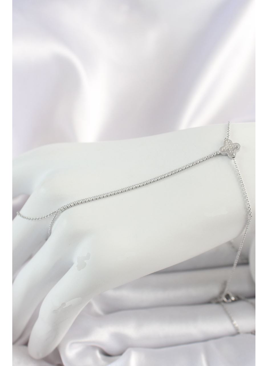 Pirinç Gümüş Renk Su Yolu Zirkon Taşlı İşlemeli Yonca Model Kadın Şahmeran