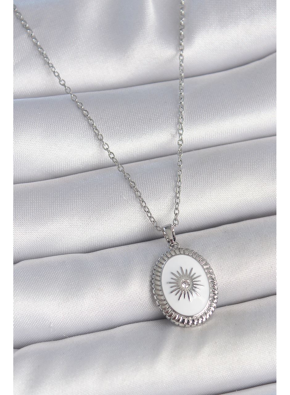 316L Çelik Gümüş Renk Beyaz Mineli Güneş İşlemeli Nazar Boncuk Detay Madalyon Model Kadın Kolye
