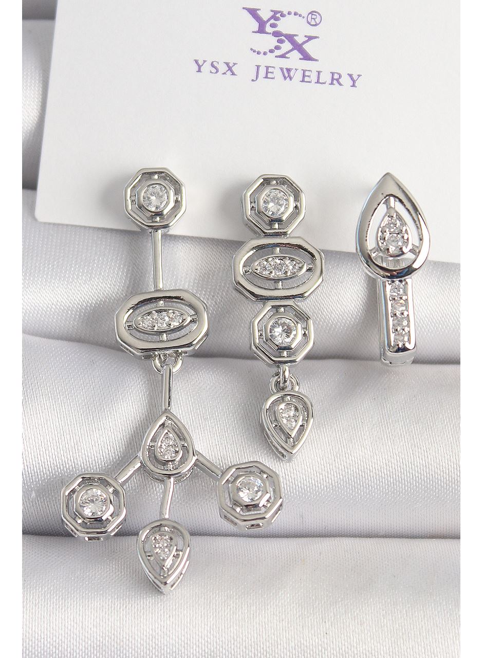 Pirinç Gümüş Renk Zirkon Taşlı Geometrik Model 3'Lü Kadın Kombin Küpe