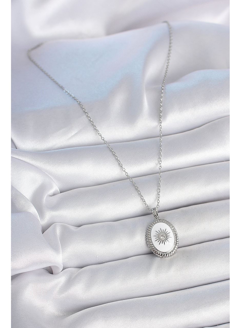 316L Çelik Gümüş Renk Beyaz Mineli Güneş İşlemeli Nazar Boncuk Detay Madalyon Model Kadın Kolye