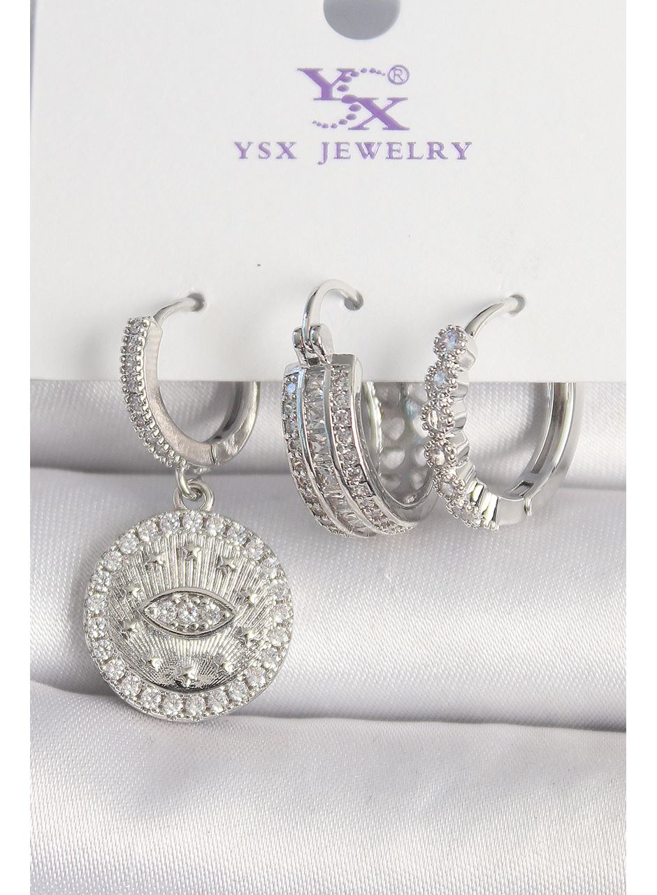 Pirinç Gümüş Renk Zirkon Taşlı Göz İşlemeli Halka Model 3'Lü Kadın Kombin Küpe