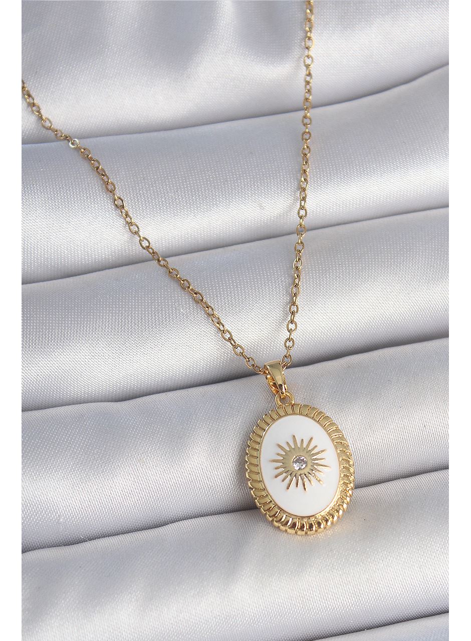 316L Çelik Gold Renk Zincir Beyaz Mineli Güneş İşlemeli Zirkon Taş Detaylı Madalyon Model Kadın Kolye