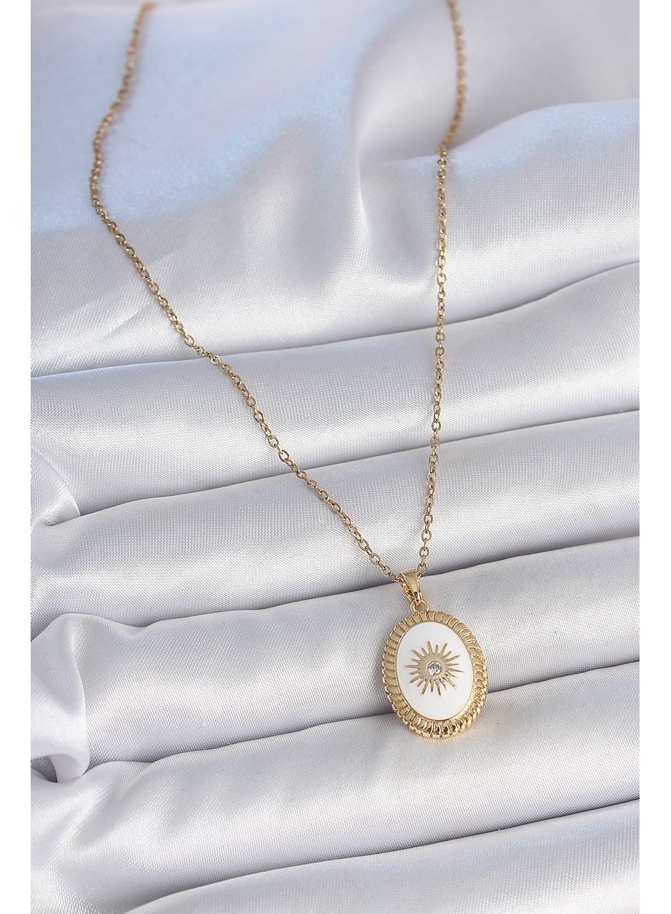 316L Çelik Gold Renk Zincir Beyaz Mineli Güneş İşlemeli Zirkon Taş Detaylı Madalyon Model Kadın Kolye