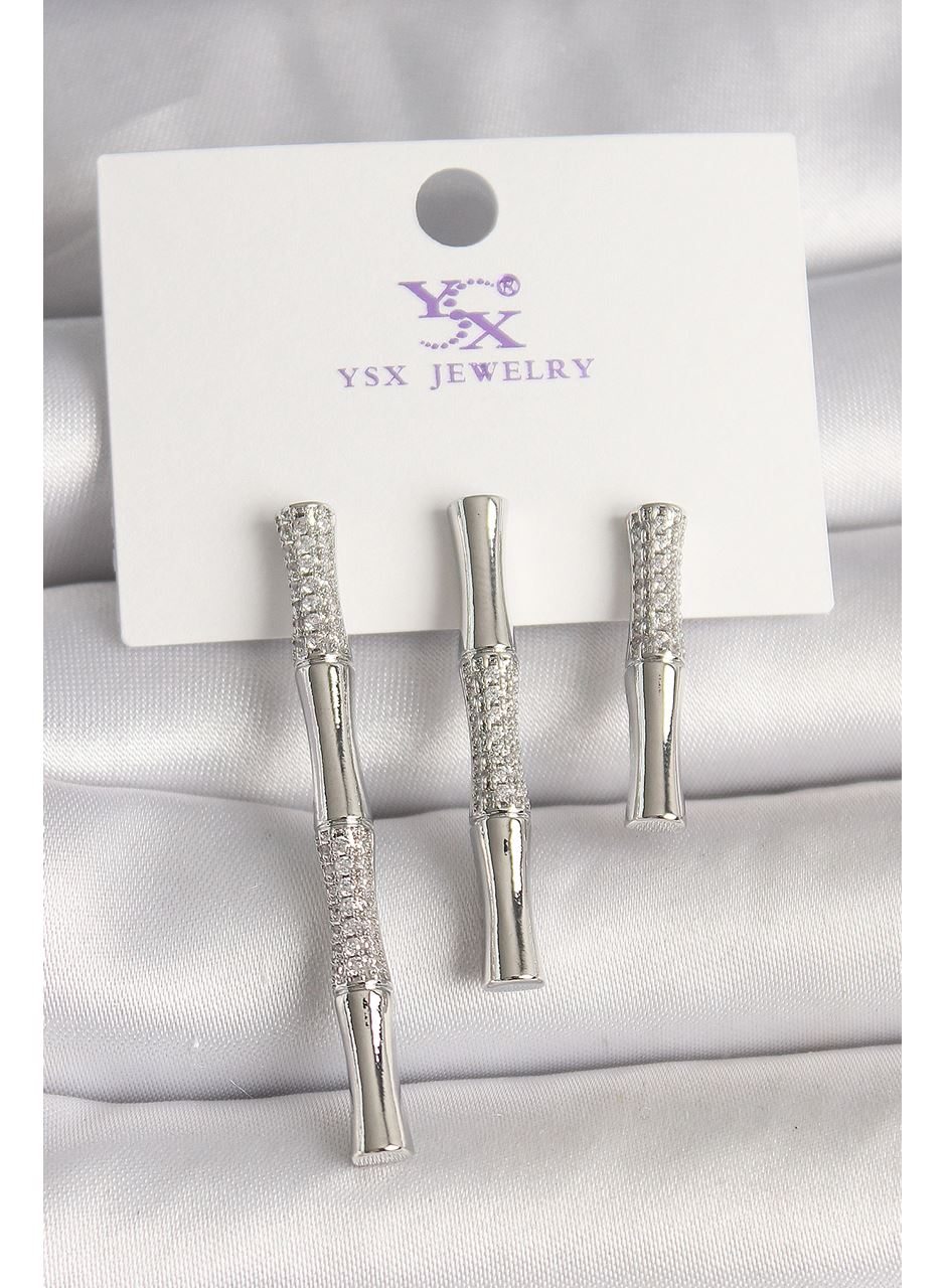 Pirinç Gümüş Renk Zirkon Taşlı Bambu Model 3'Lü Kadın Kombin Küpe