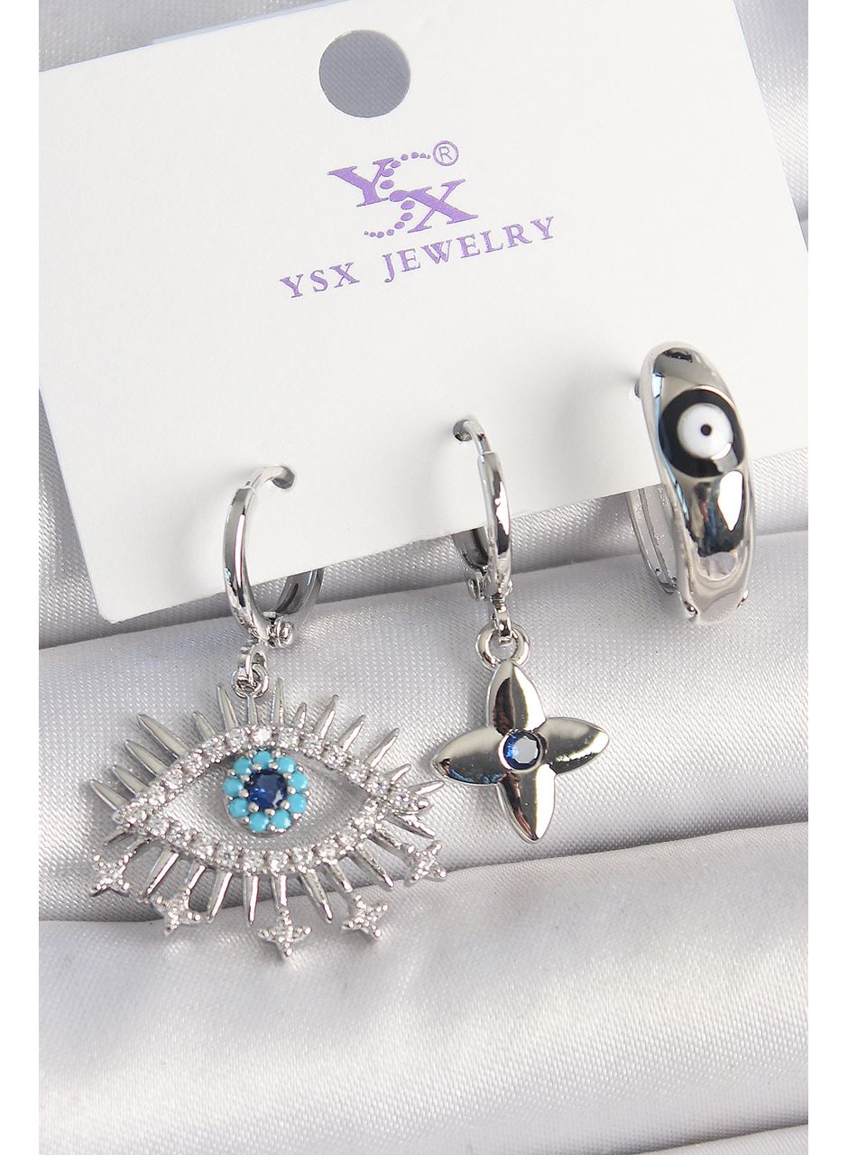 Pirinç Gümüş Renk Zirkon Taşlı Göz Model Nazar Boncuk Detay 3'Lü Kadın Kombin Küpe