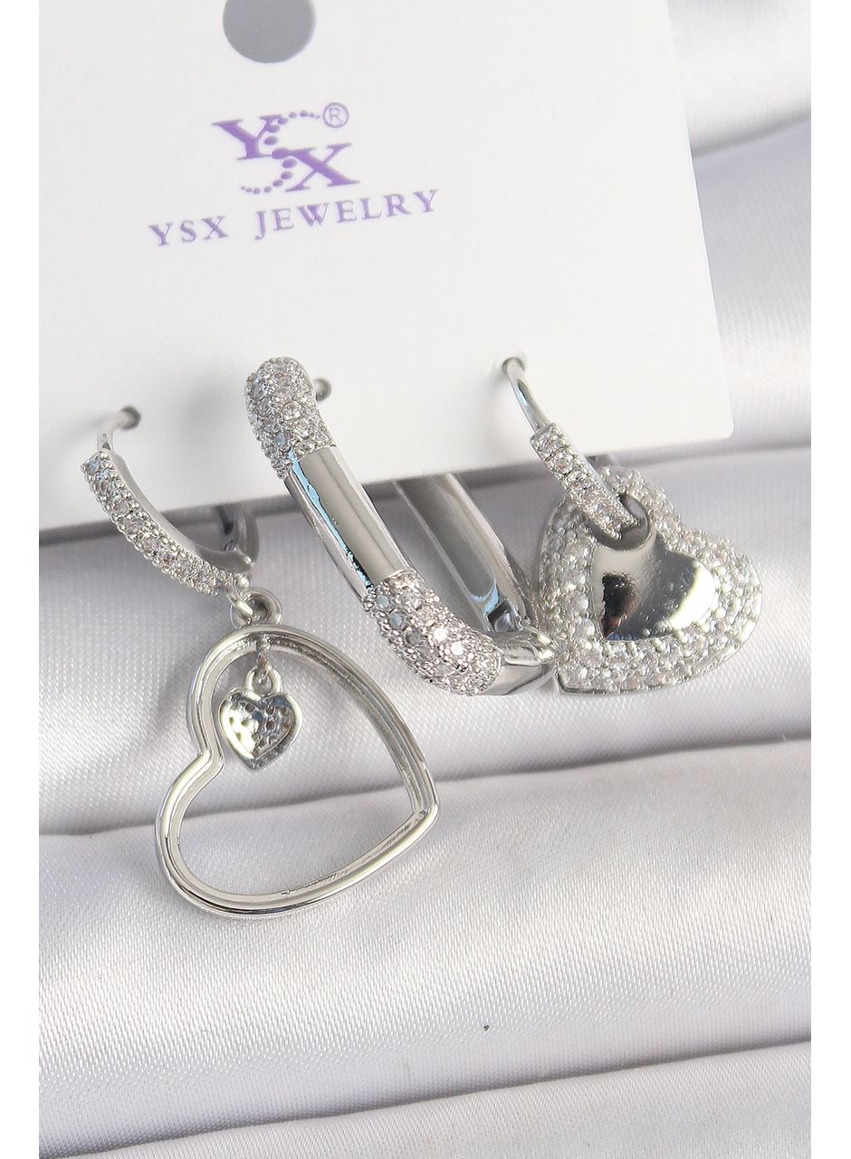 Pirinç Gümüş Renk Sallantı Zirkon Taşlı Kalp Model 3'Lü Kadın Kombin Küpe