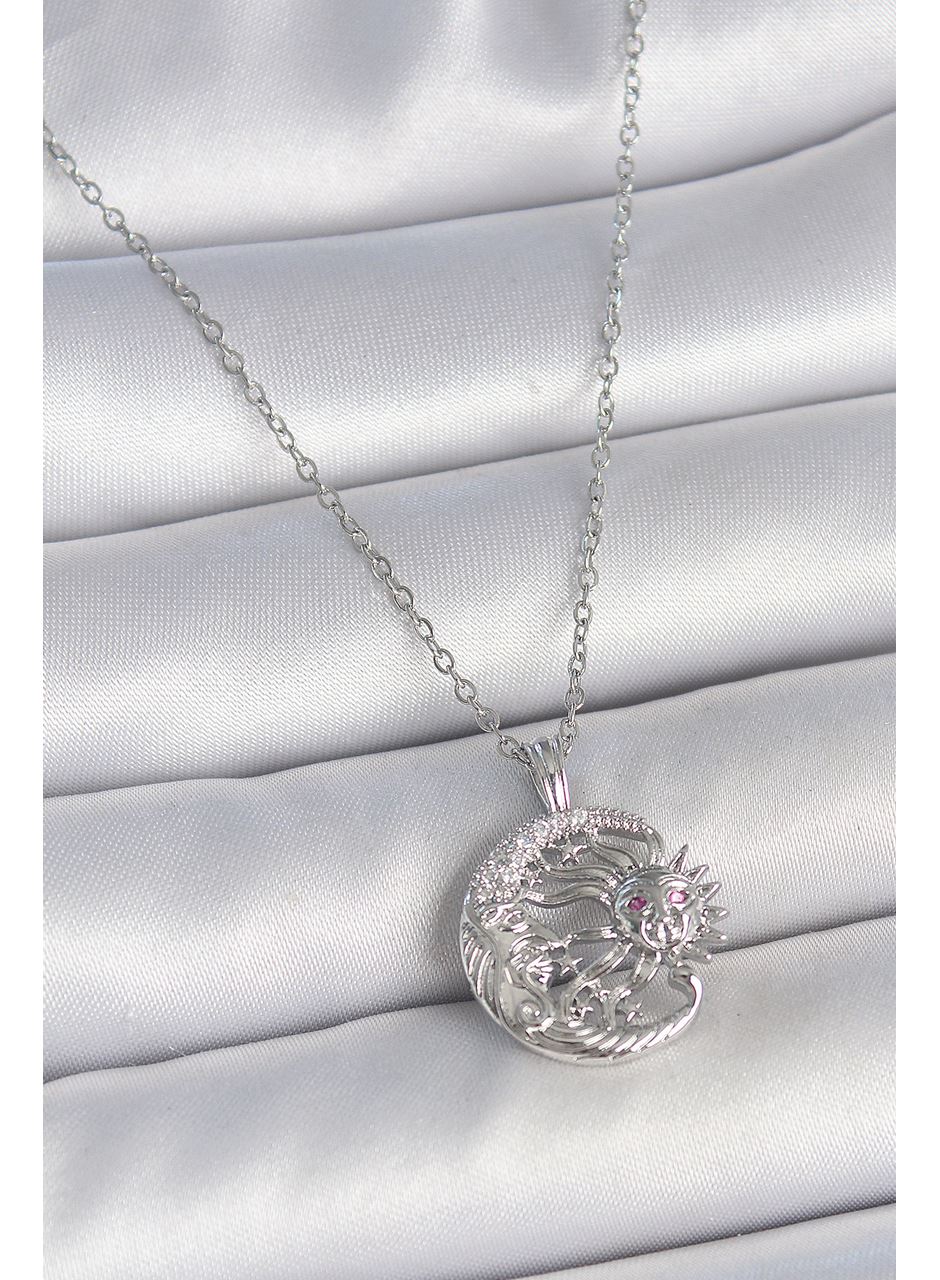 316L Çelik Gümüş Renk Zincir Ay Güneş Model Zirkon Taş Detay Kadın Kolye