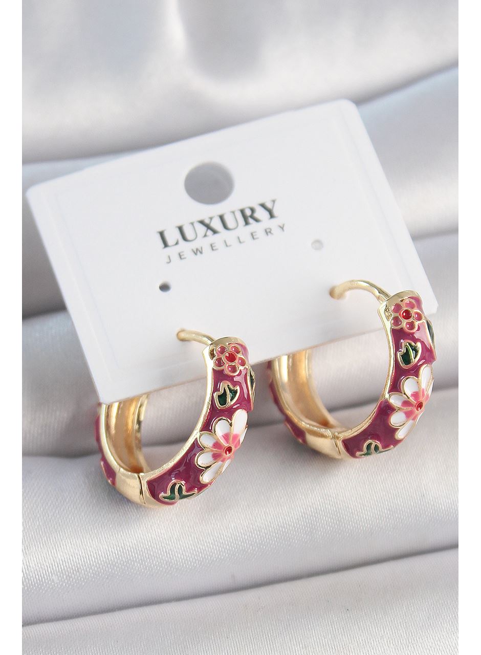 Pirinç Gold Renk Halka Mor Çiçek Mineli Kadın Küpe