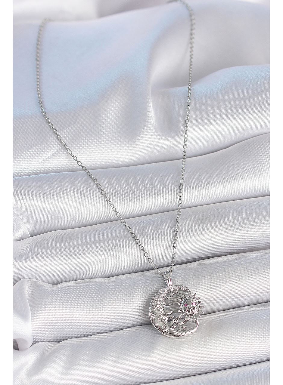 316L Çelik Gümüş Renk Zincir Ay Güneş Model Zirkon Taş Detay Kadın Kolye