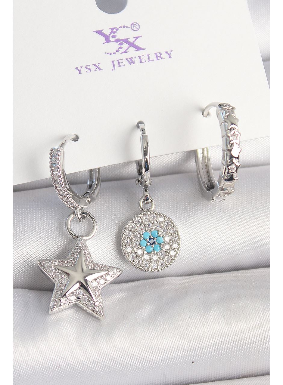 Pirinç Gold Renk Zirkon Taşlı Yıldız Model Nazar Boncuk Detay 3'Lü Kadın Kombin Küpe