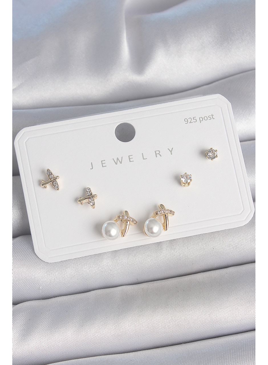 Pirinç Gold Renk Zirkon Taşlı Kelebek Model İnci Detay 925 Ayar Gümüş Çivi Kadın Küpe Seti