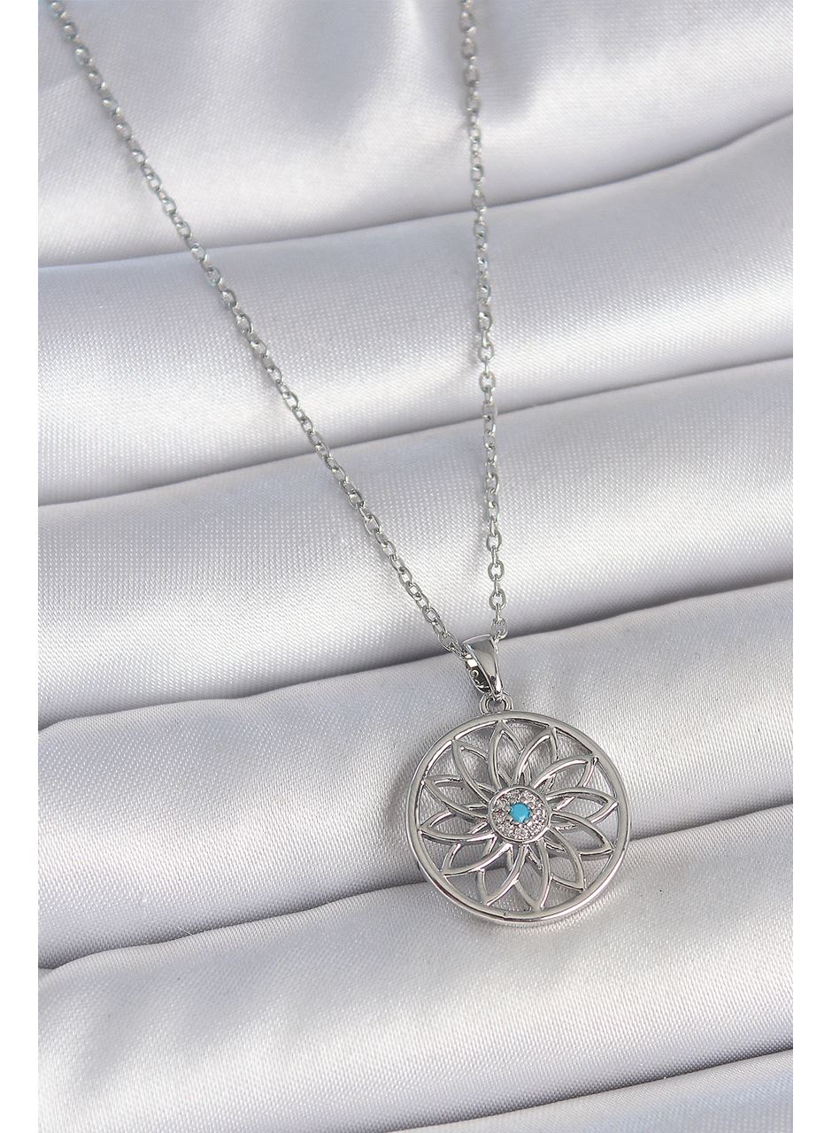 316L Çelik Gümüş Renk Zincir Mavi Taşlı Lotus Model Kadın Kolye
