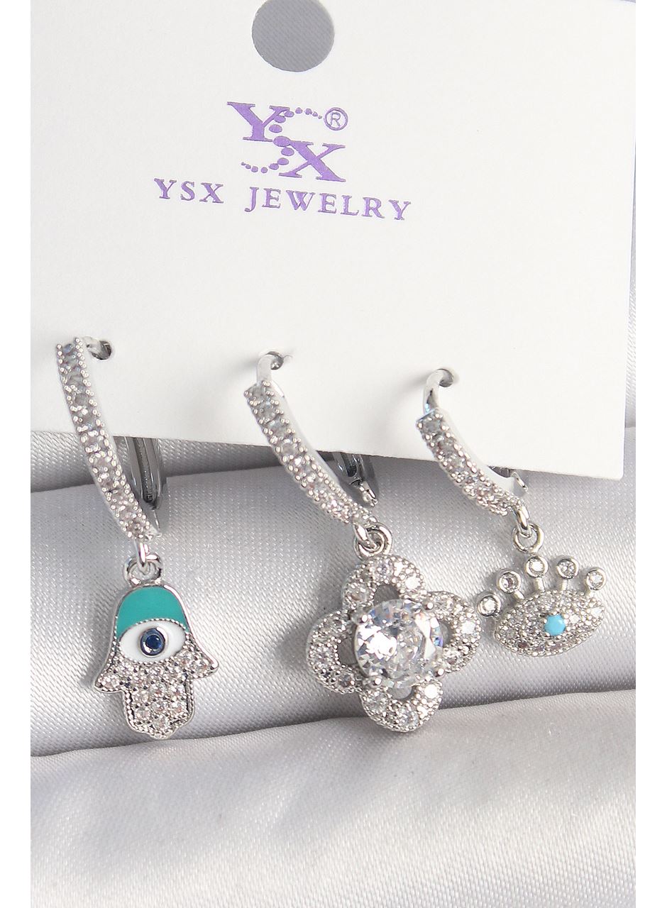 Pirinç Gümüş Renk Zirkon Taşlı Fatma Ana Yonca Figür Göz Detay 3'Lü Kadın Kombin Küpe