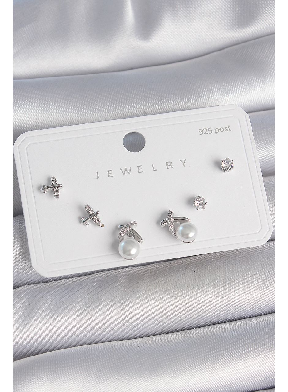 Pirinç Gümüş Renk Zirkon Taşlı Kelebek Model İnci Detay 925 Ayar Gümüş Çivi Kadın Küpe Seti