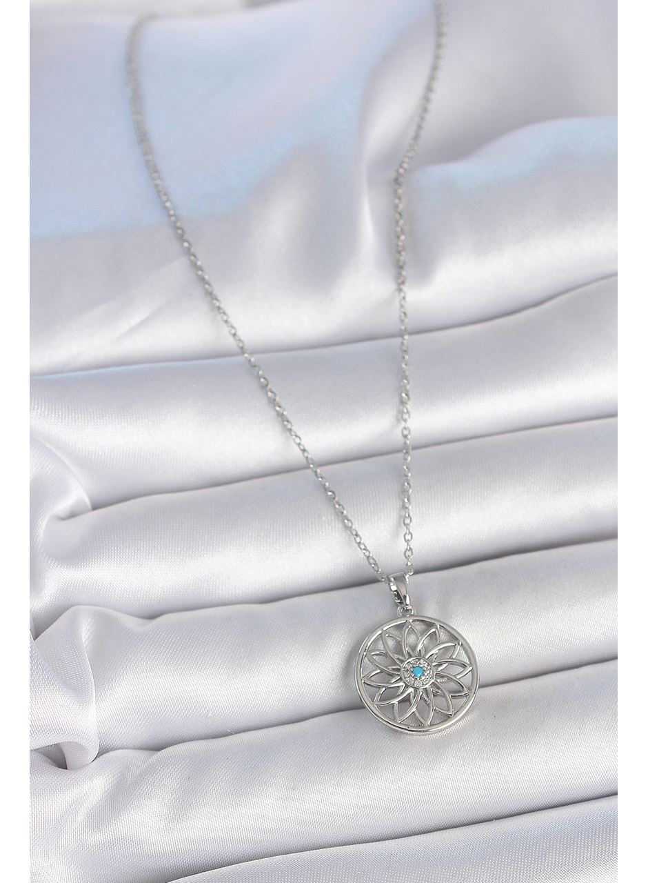 316L Çelik Gümüş Renk Zincir Mavi Taşlı Lotus Model Kadın Kolye