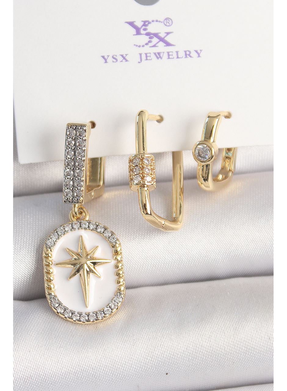 Pirinç Gold Renk Sallantı Zirkon Taş İşlmeli Yıldız Portre Model 3'Lü Kadın Kombin Küpe