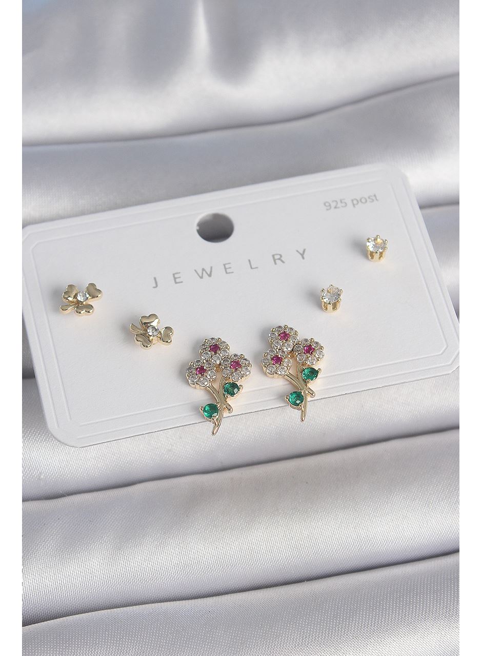 Pirinç Gold Renk Renkli Zirkon Taşlı Çiçek Model Yaprak Detay 925 Ayar Gümüş Çivi Kadın Küpe Seti